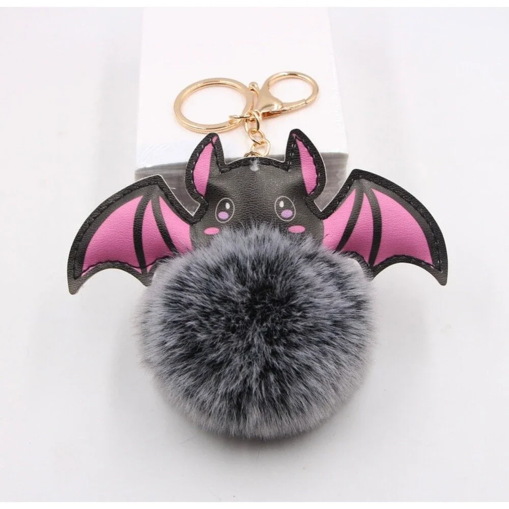 Halloween Bat Pom Pom Keychain Gray Faux Fur Plush Bag Charm Gothic Cute NEW